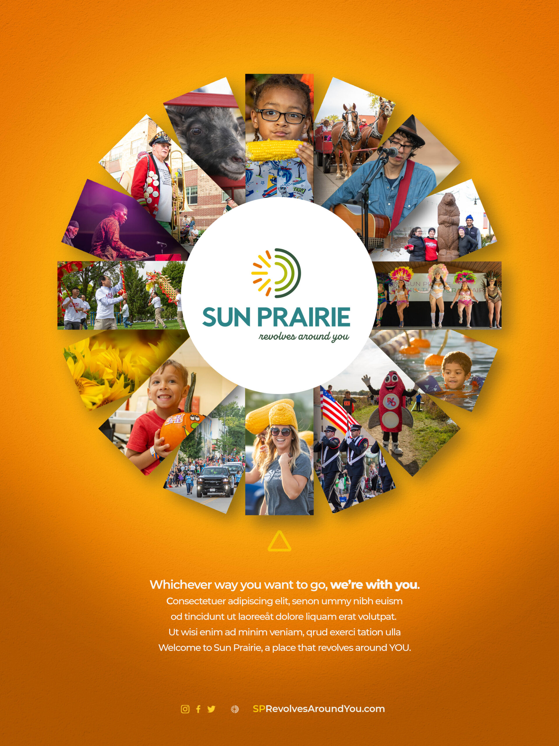 Sun Prairie one pager with ad copy and a sun-wheel of community images